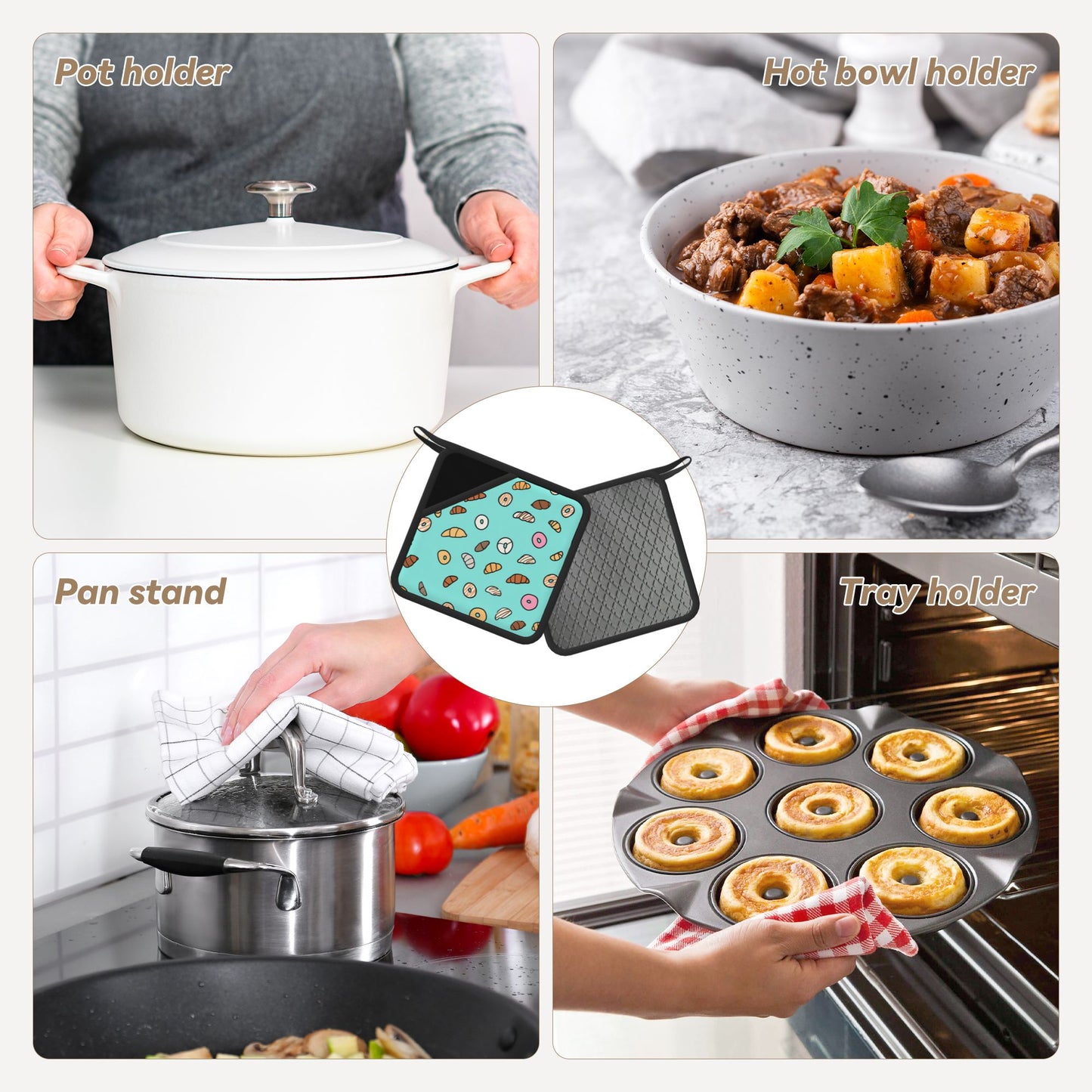 Cartoon Bakery Silicone Trivet – Cute Bread & Donuts Pattern Heat-Resistant Mat 7.1x7.1in Non-Slip Table Pad