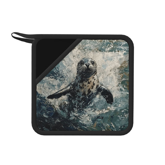Sea-Themed Silicone Trivet – Heat-Resistant Non-Slip Square Pad with Seal Illustration (7.1 x 7.1 inch)