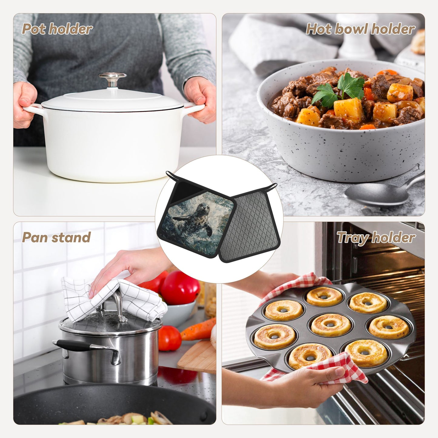 Sea-Themed Silicone Trivet – Heat-Resistant Non-Slip Square Pad with Seal Illustration (7.1 x 7.1 inch)
