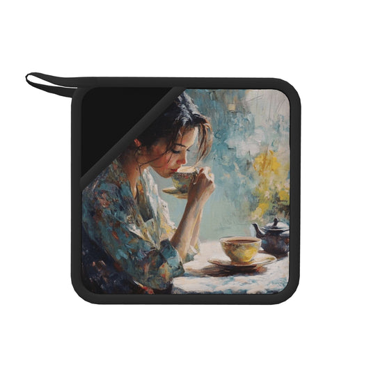 Impressionist Lady Tea Time Silicone Trivet – Elegant Oil Painting Style Heat-Resistant Hot Pad (7.1 x 7.1 in)